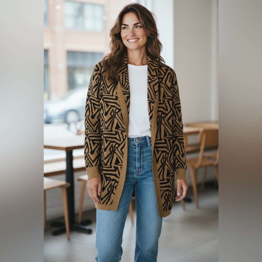 Sanctuary Anthropologie Open Front Geo Print Cardigan Sweater Brown Black